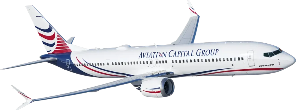 Boeing 737 MAX 9 aircraft branded with Aviation Capital Group logo and design, showcasing sleek white and blue livery with red accents.